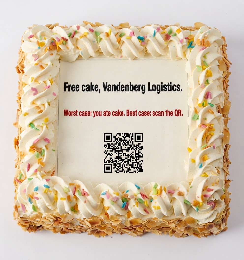 A ColdCake: a square cream cake with a cheeky sales pitch and QR code printed on the edible sheet